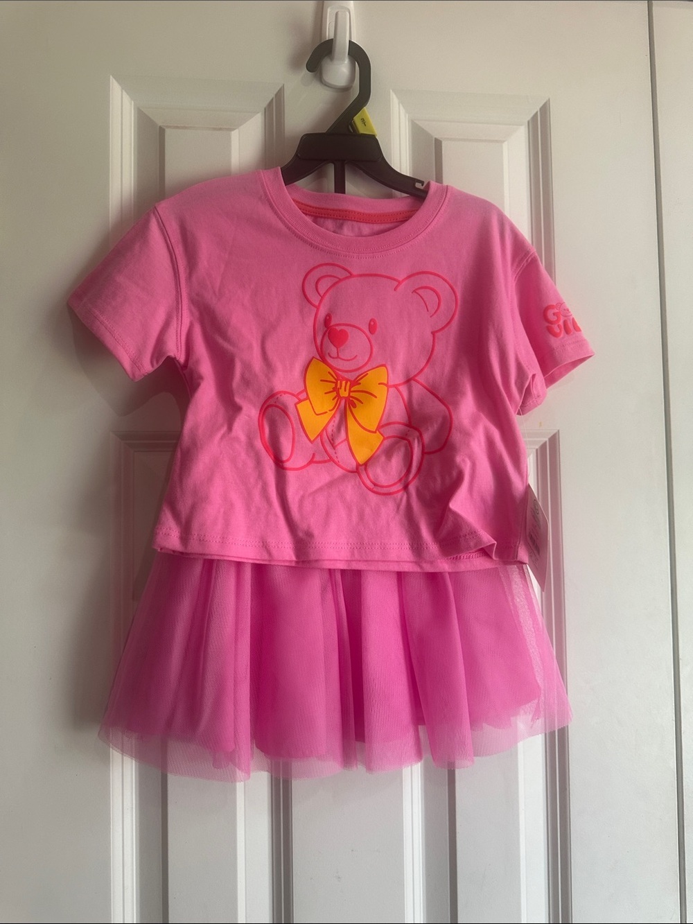 NEW Girls Pink Teddy Tee & Tulle Skirt Set with Yellow Bow Detail size 3T